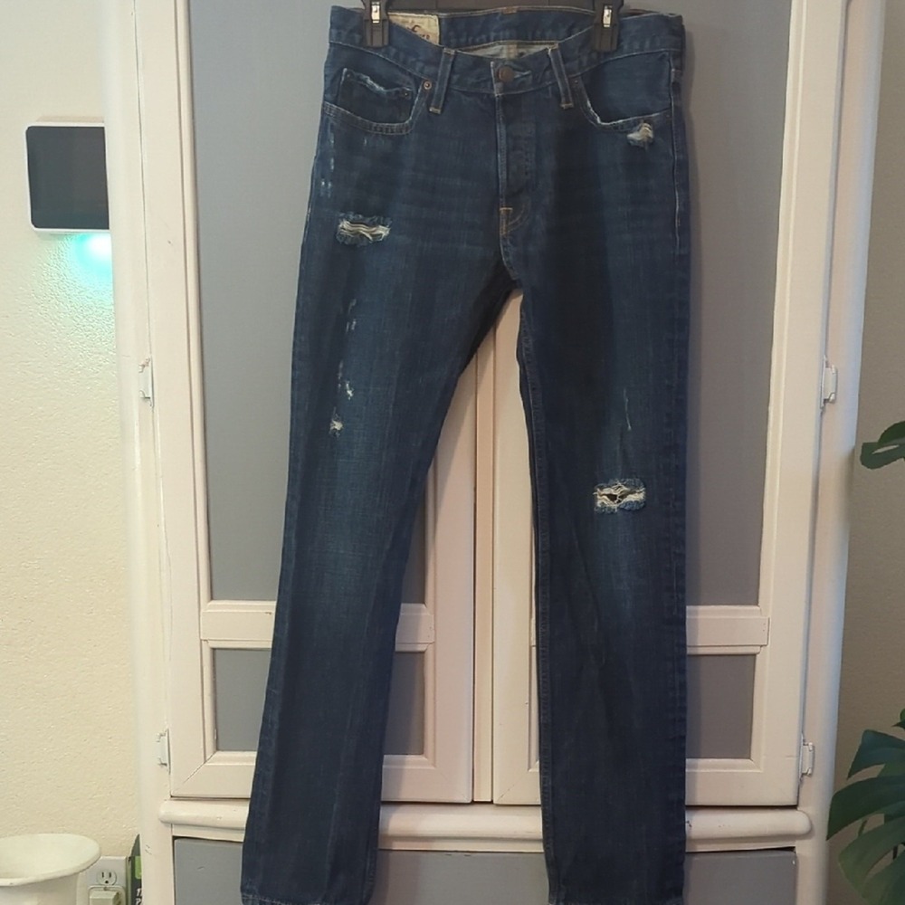 "Hollister Men's Dark Wash Distressed Straight Leg Jeans 32x34 Y2K Casual"